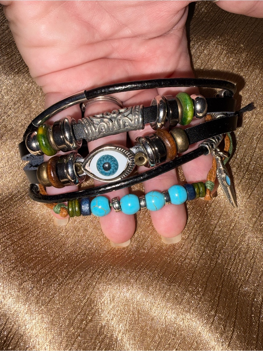 Boho Turquoise Beaded Leather Wrap Bracelet with Evil Eye Charm